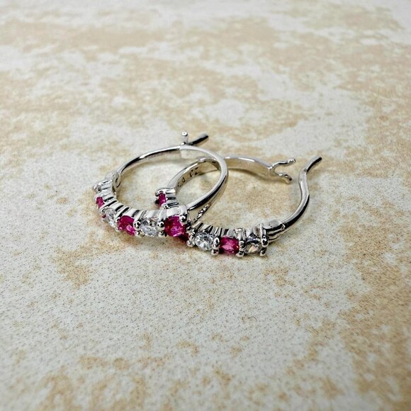 Sterling Silver 925 Pink CZ Hoop Earrings - Picture 1 of 5